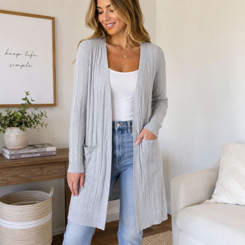 Love Ellie Cardigan Women L Gray Longline Open Front Knit Duster Pockets Cozy